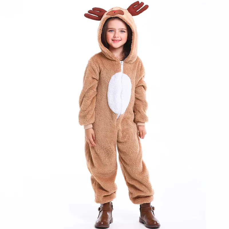 Kids Christmas Party Reindeer Costume Brown Deer Onesie Plush Cartoon Animal Jumpsuit Pajamas