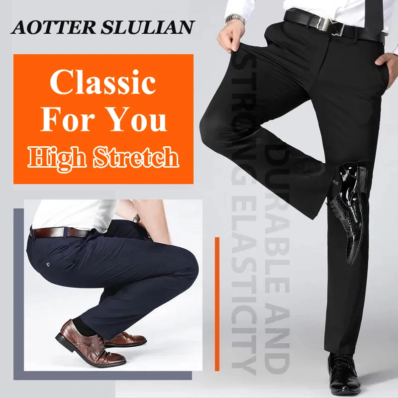 Spring Summer Men High Stretch Classic Pants Business Office Slim Fit Suit Pants Casual Comfy Loose High Waist Straight Trousers