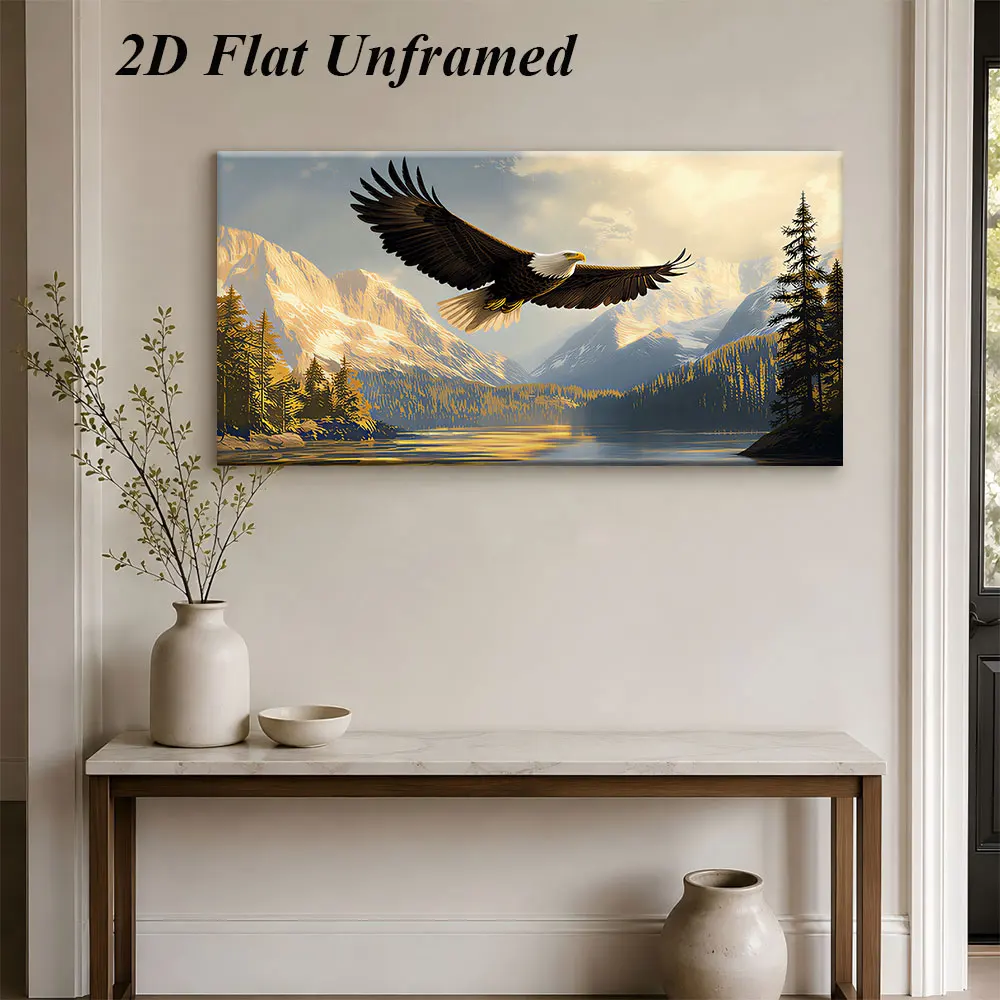 1 piece of American retro style frameless decorative painting, spreading wings, eagle, lake, mountain scenery, 2D plan