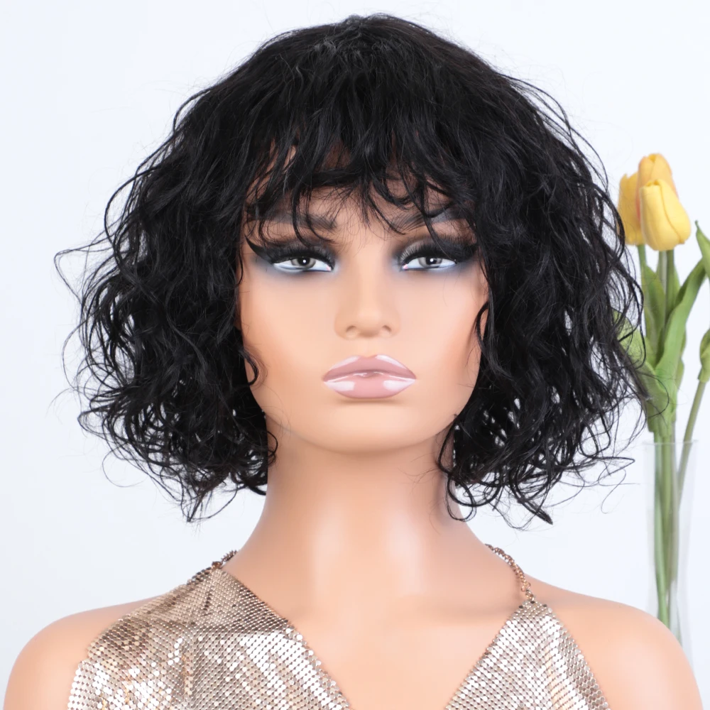 

Lekker Short Pixie Cut Curly Bob Human Hair Wigs With Bangs For Women Brazilian Remy Hair Full Machine Made 10" Natural Dark Wig