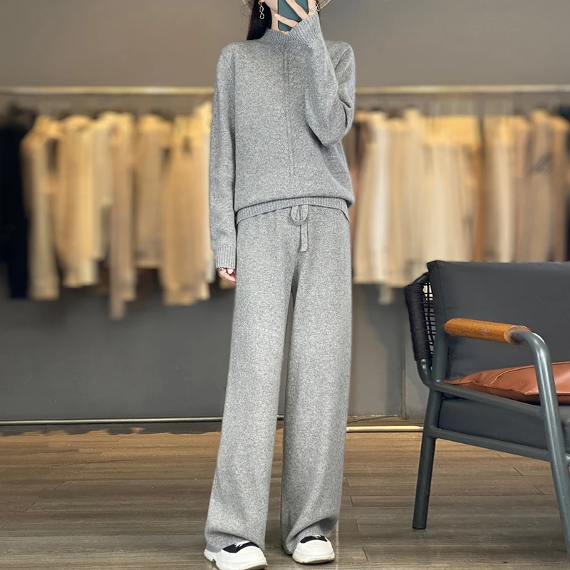 Commuting Temperament 100% Merino Wool Knitted Suit Women's Mock Neck Warm Sweater Straight Leg Long Wide Leg Pants 2-Piece