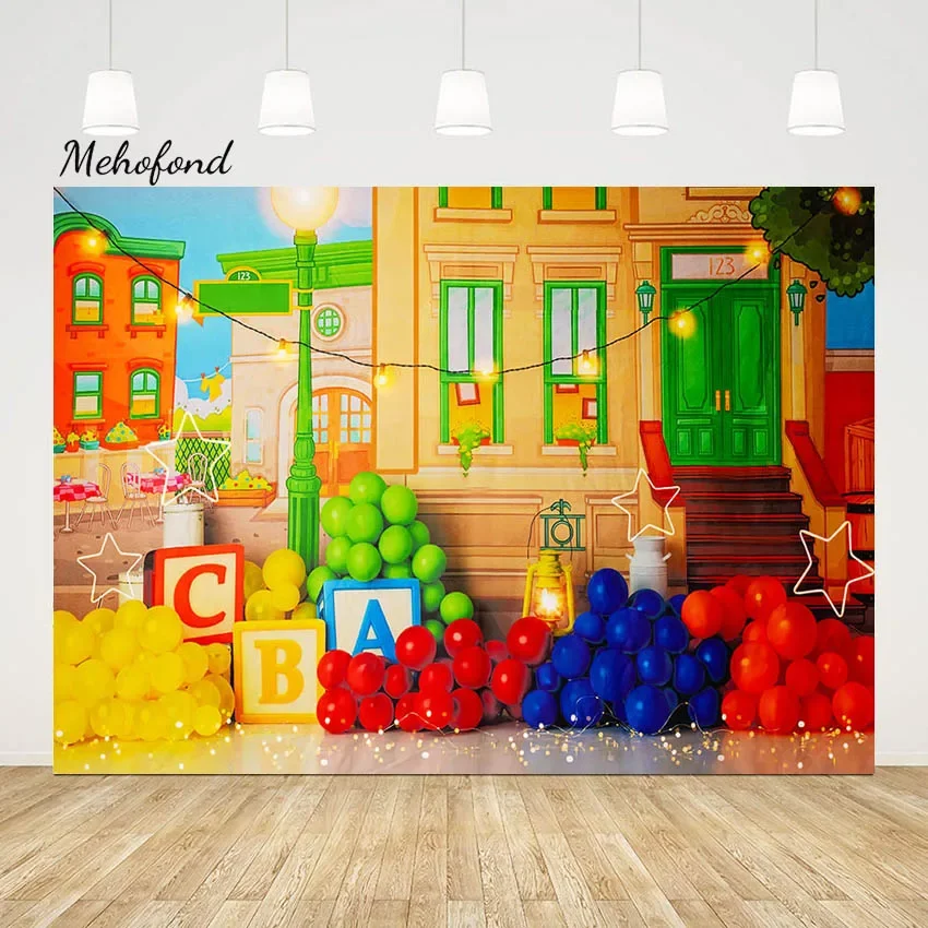 

Mehofond Photography Backdrop Outdoor Back To School Student Party Oil Painting Building Alphabet Light Background Photo Studio