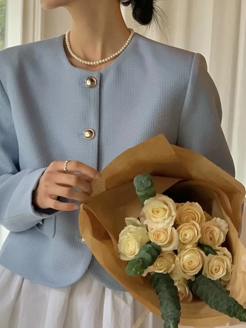 Blauw Koreaans Sle Loose Fit Lang Sve rond Ne Single Button Damespak Jaet Chic Casual Vest Top voor woon-werkverkeer