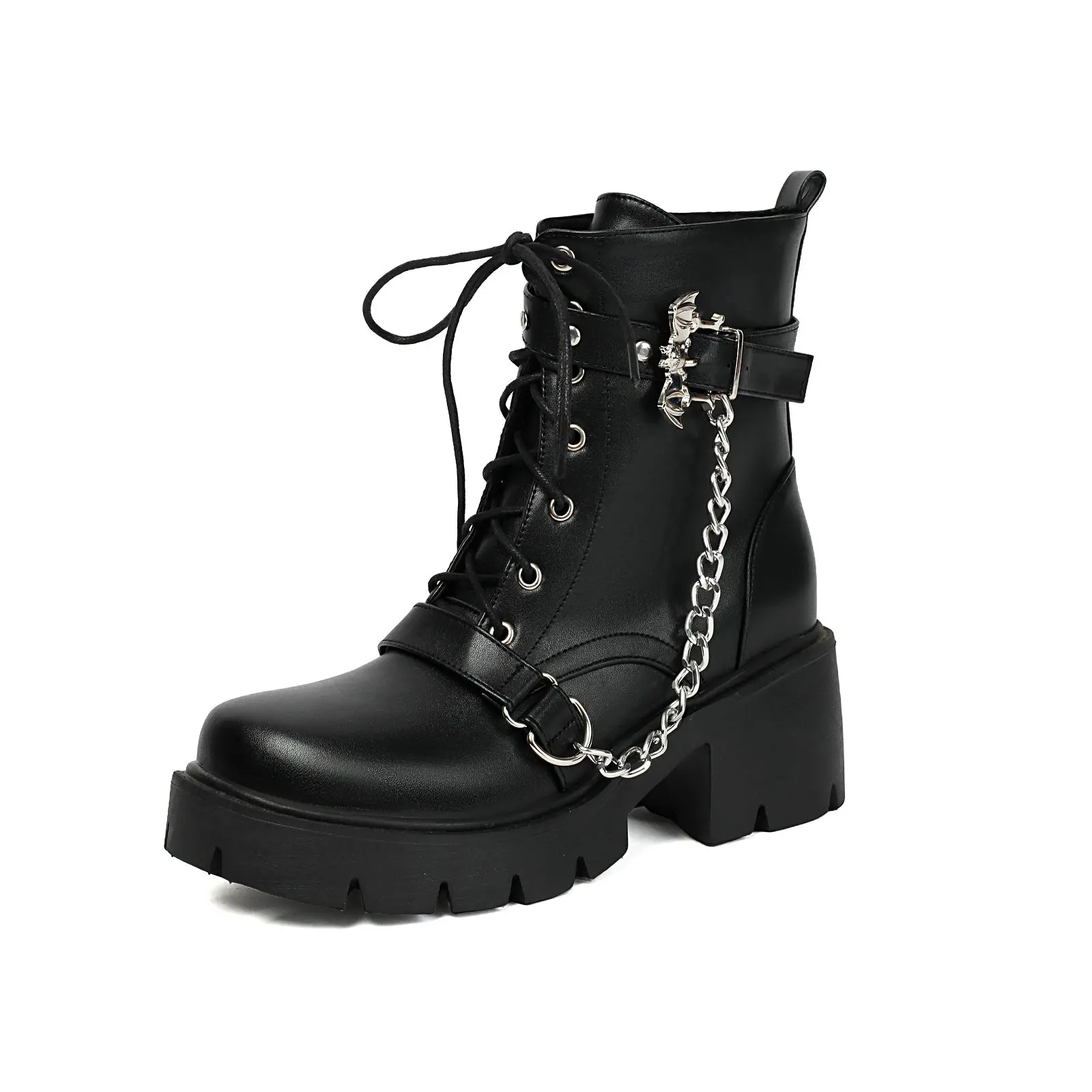 

Women's Combat Motorcycle Boots Platform Lace Up Zipper Chunky Heel Shoes Black Chain Ankle Booties