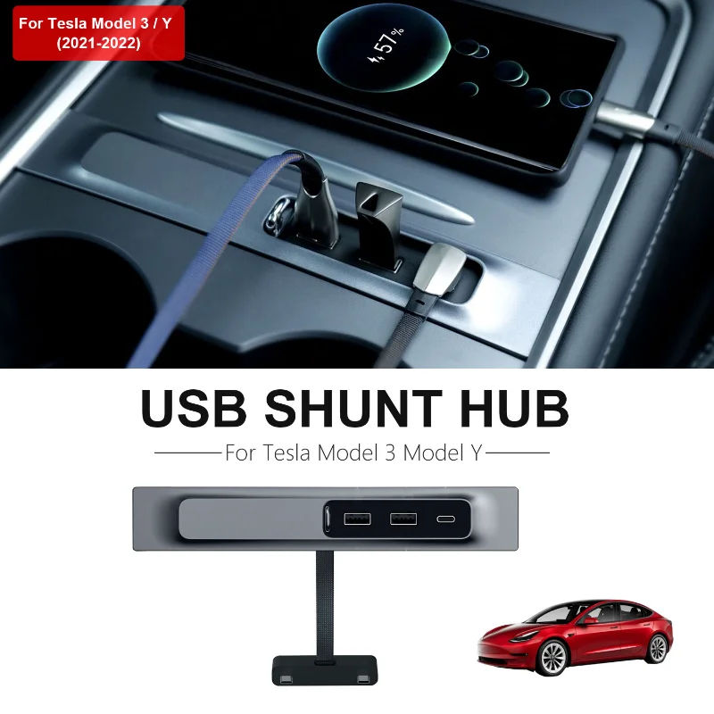 

2022 For Tesla Model3 Y USB Hub Docking Station Glove Box USB Splitter 27W Quick Charger Auto 3 Port Car Adapter Power Extender