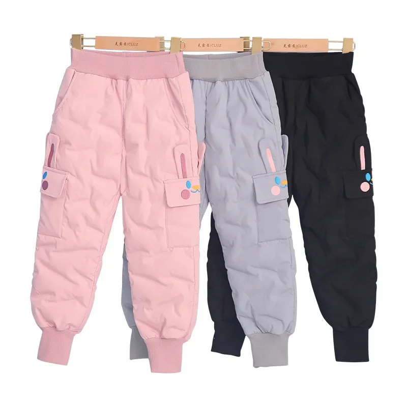 

New Winter Toddler Girls Warm Pants Fashion Children White Duck Down Pant Thicken Add Wool Cartoon Rabbit Trousers 2 To 10 Years