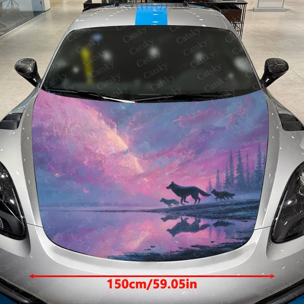 Spirit Realm Twin Wolves Car Hood Sticker-Durable Vinyl Film, Splash Proof And Easy To Remove, Suitable For All Car Models-Car P