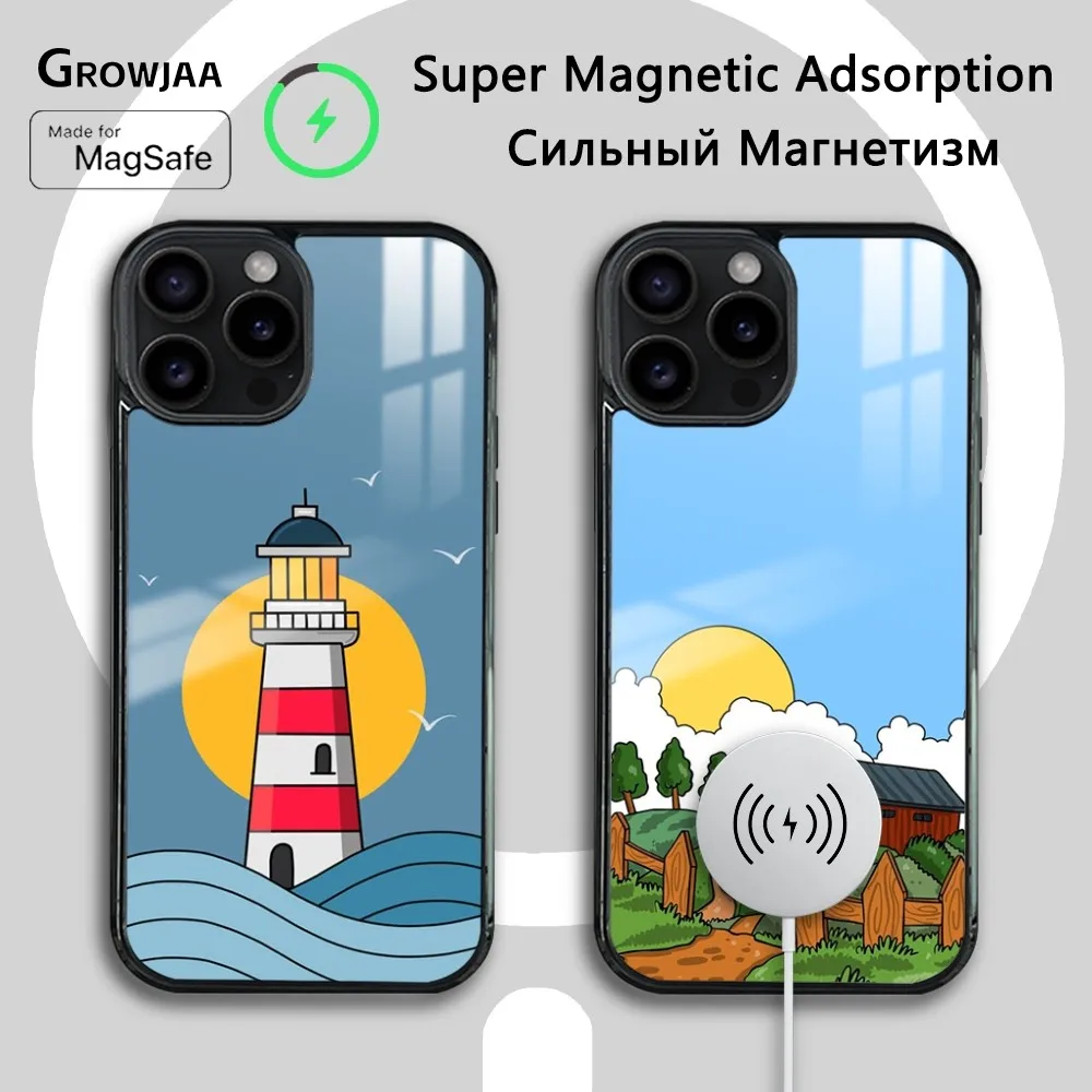 children sea Lighthouse home Phone Case For iPhone 16 15 14 13 12 11 Pro Max Plus Mini Magsafe Mirror Wireless Magnetic Cover