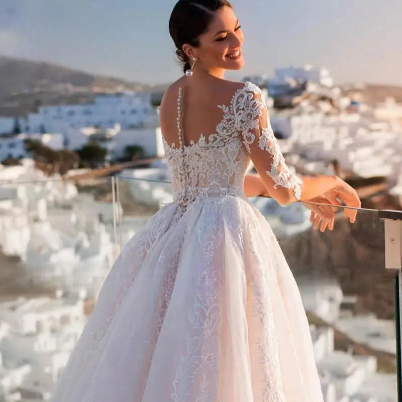 Lindo apliques frisado ilusão volta a linha vestido de casamento 2025 elegante colher pescoço meia manga princesa vestido de noiva personalizado