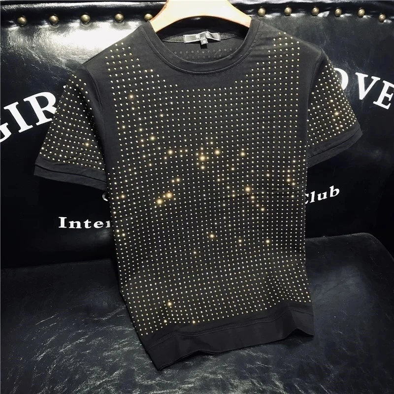 S-5XL Rhinestones Graphic T-shirt Streetwear men\'s short sleeve top quality man heavy industry Anime
