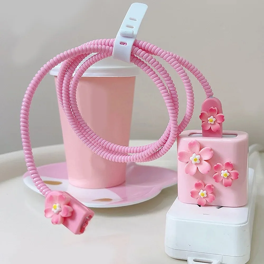 3D Pink Flower Soft Silicone Charger Case For IPhone 15 14 13 12 11 18W 20W Charger Protection Cover Charger Sleeve Accessories