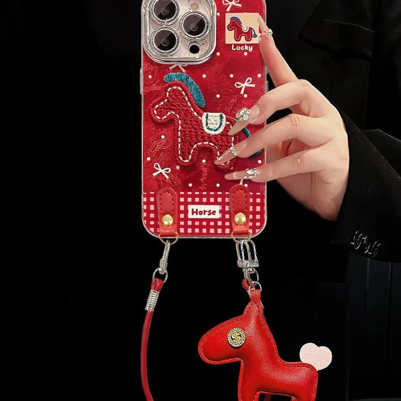 Horse Cover for Huawei Mate 70 Pro 60 50 pro 40 30pro Case New Year Fundas Cartoon 3d Embroidered Red Ponny Pendant