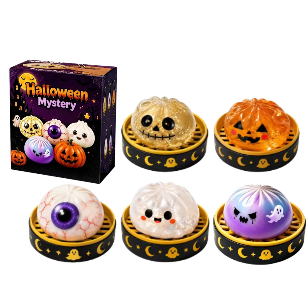 Neues 5,5 cm großes Halloween-Geister-Quetschspielzeug, weiches, langsam aufsteigendes Stressabbau-Sensorik-Spielzeug mit Geschenkbox für Kinder und Erwachsene