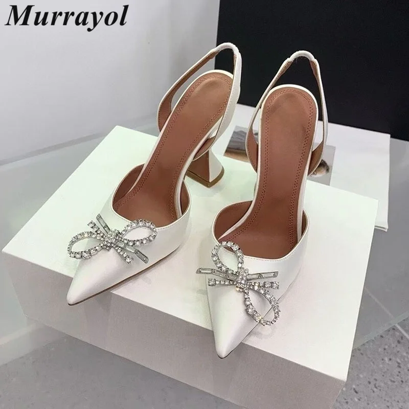 أحذية الزفاف وأشار الساتان تألق كريستال Bowknot ديكور مضخات المرأة بلون الظهر حزام الصنادل الصيف فستان مثير الأحذية #1