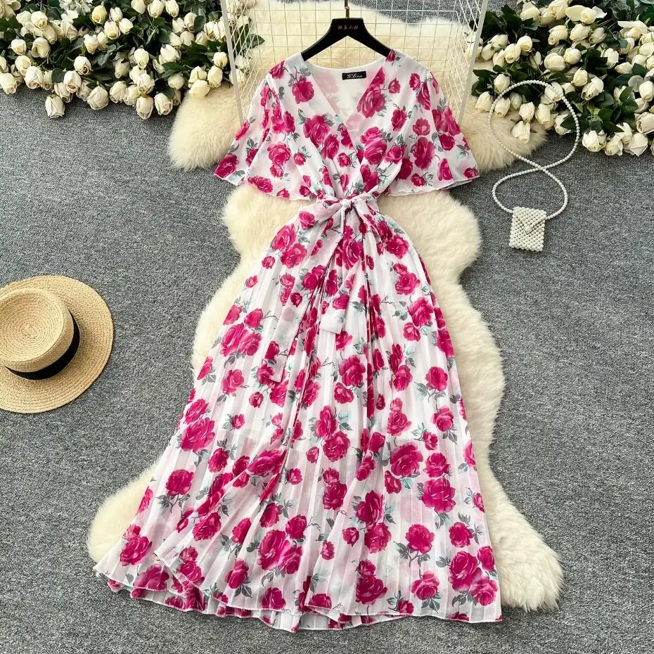 Boho feminino verão bandagem com decote em v floral impressão chiffon vestido longo ins casual plissado praia vestidos de férias elegante túnica