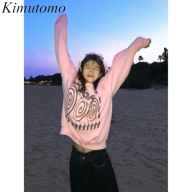 

Kimutomo Sweatshirts Women O Neck Autumn Winter Loose Vintage Grunge Printing Y2k Harajuku Hoodies Ladies Fashion Casual