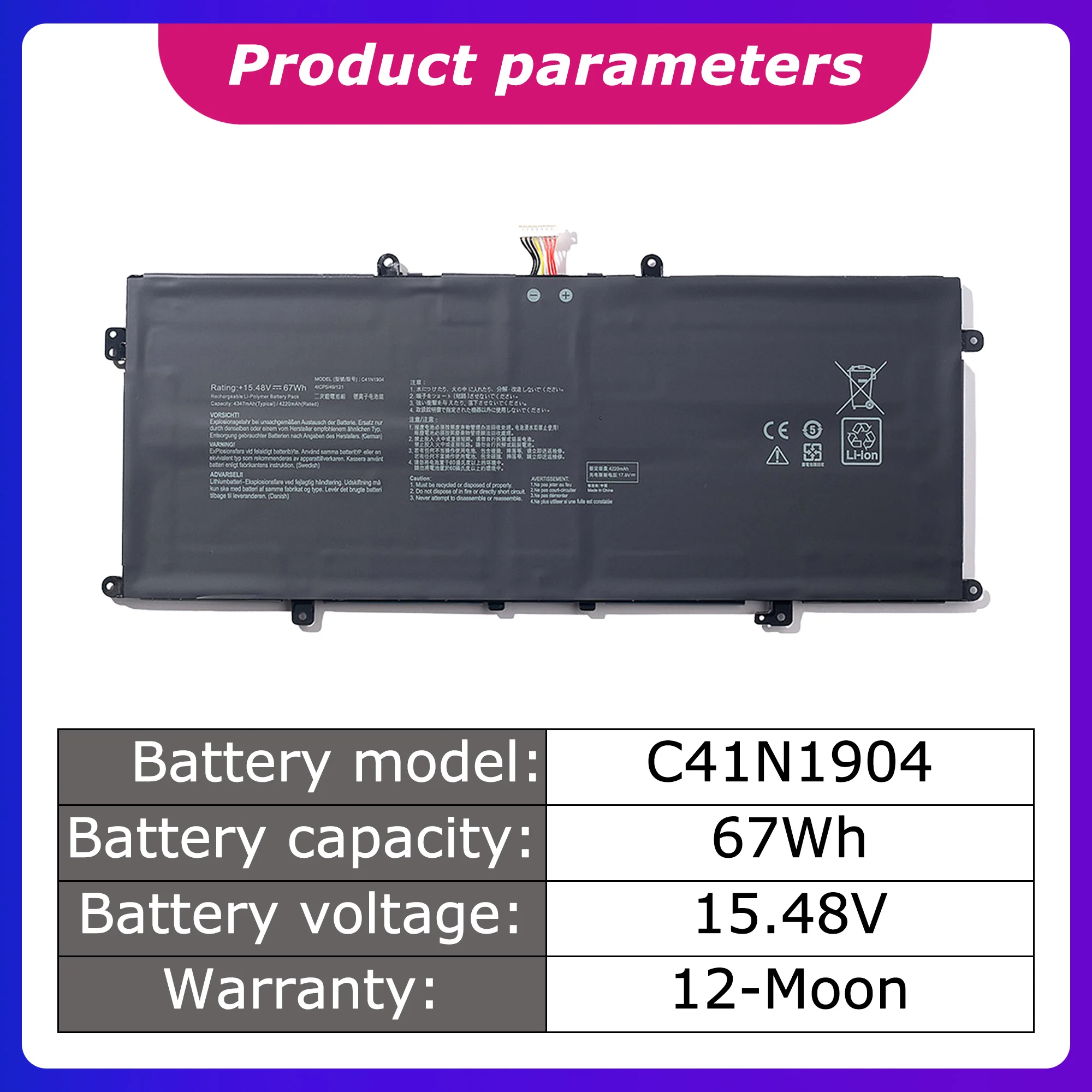 C41N1904 Lithium Batteries for ASUS C41N1904, U4700I, UXF3000E, U4700E, U4700J, U3700J Laptops 4347mah