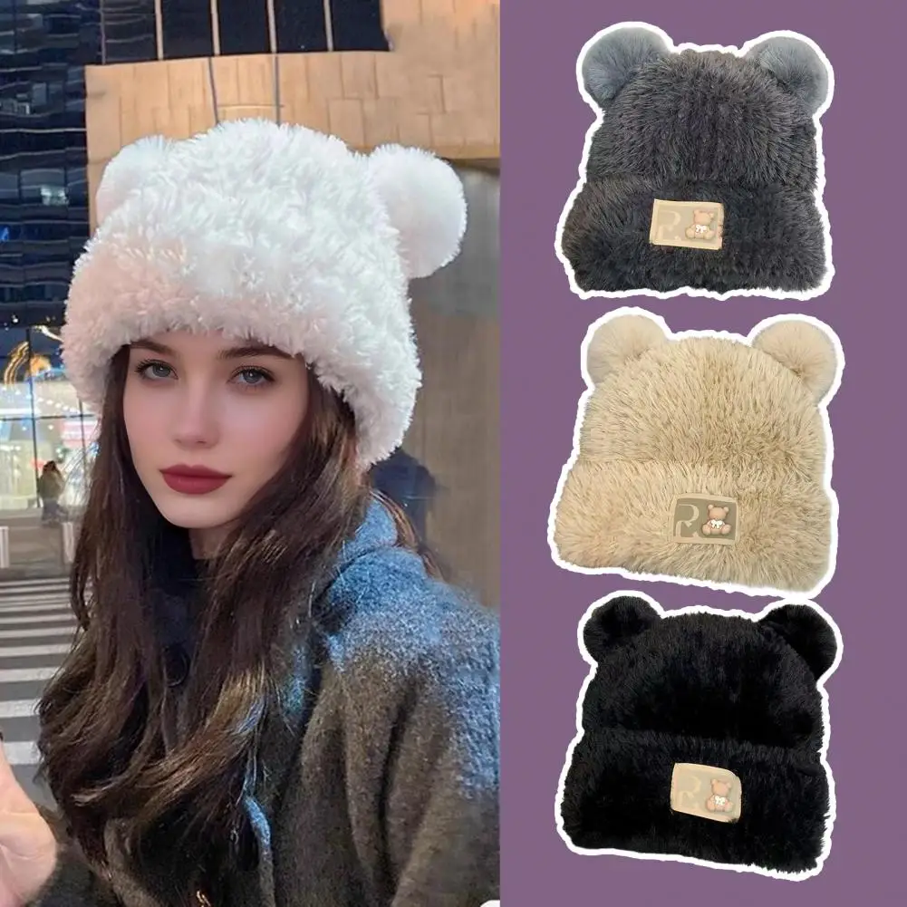 Elastic Knit Cap Solid Color Hat Cozy Women's Winter Knitted Hat with Bear Ear Decor Windproof Warm Cold for Women for Extra