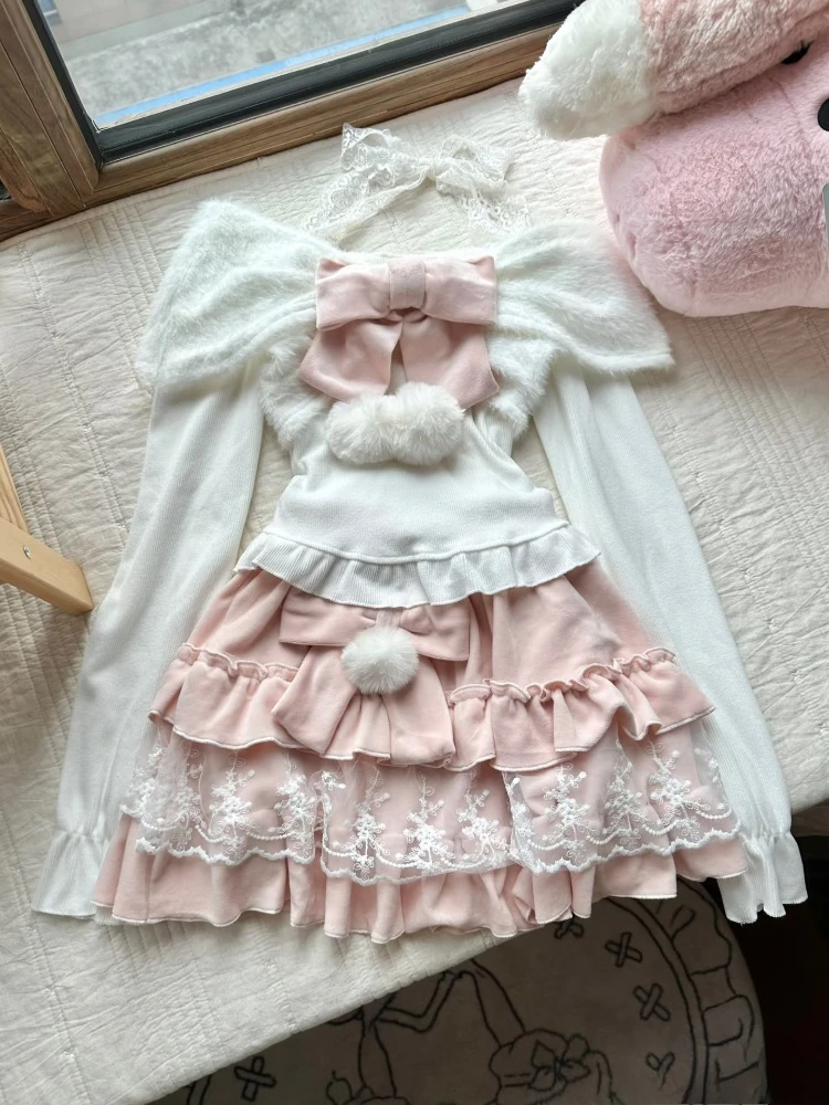 

Kawaii Japanese Spring Slim Bow 2-piece Set Women Sweet Warm Lace Pink Patchwork Cake Skirt Suit Fashion Design Winter Clothes