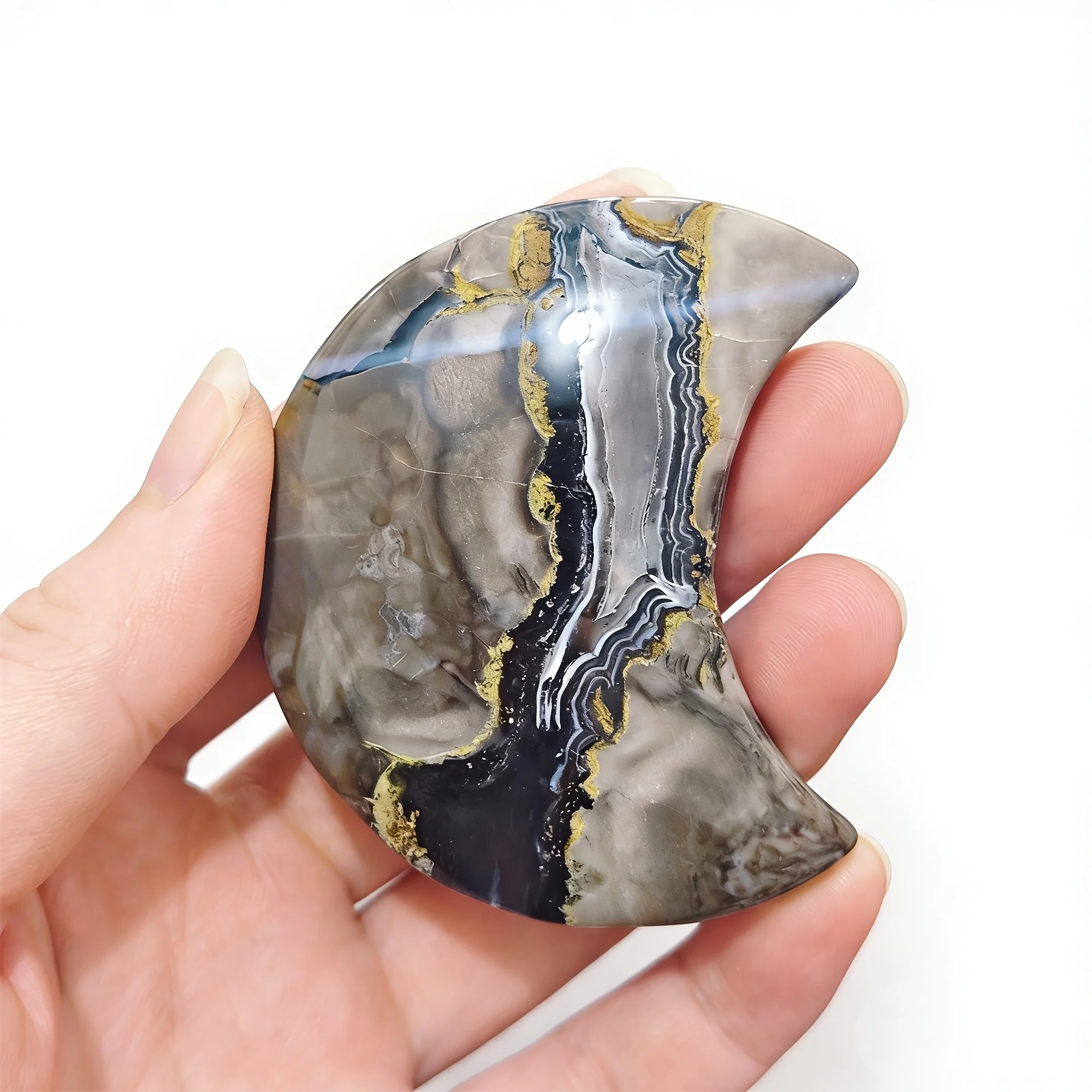 

1pc UV-Reactive Agate Moon Carving - Glowing Green Fluorescent Crystal, Natural Stone for Home Decor, UV Party Gem, Holiday Gift