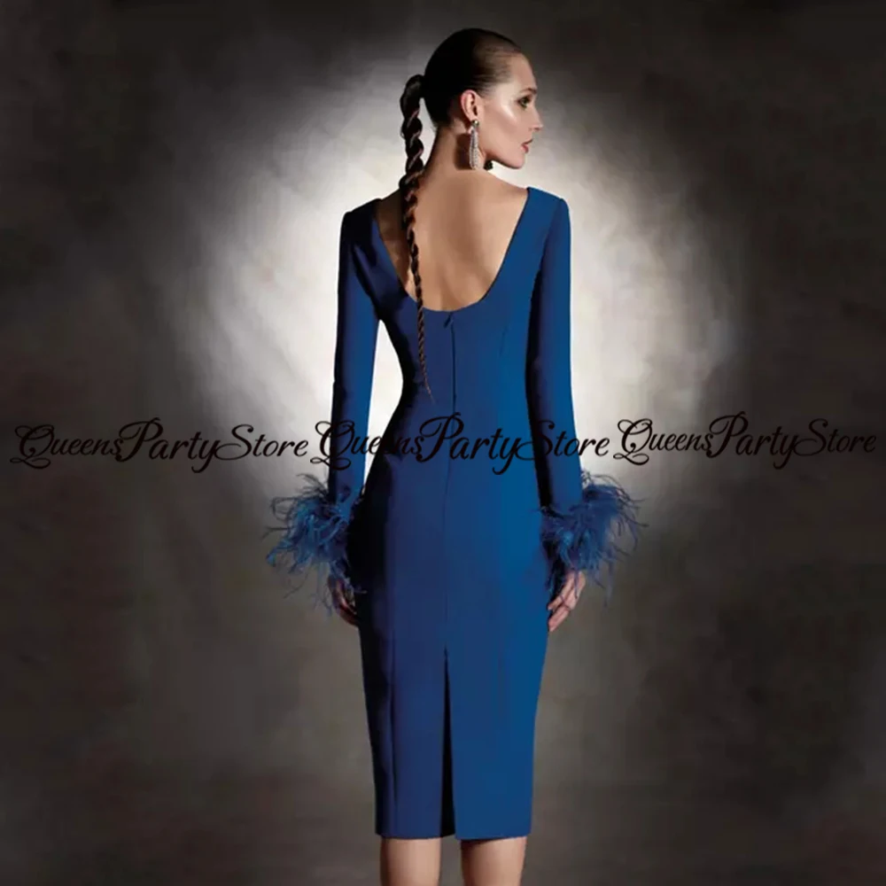 Fashion Party Gown Scoop Neck Long-Sleeved Feathers Back Slit Knee Length Women Short Night Evening Dresses Slim Prom Dress