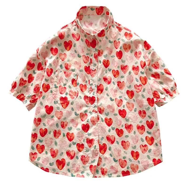 Blusa estampada de manga corta para mujer, blusa holgada con estampado de amor, versión coreana, elegante y juvenil, X693