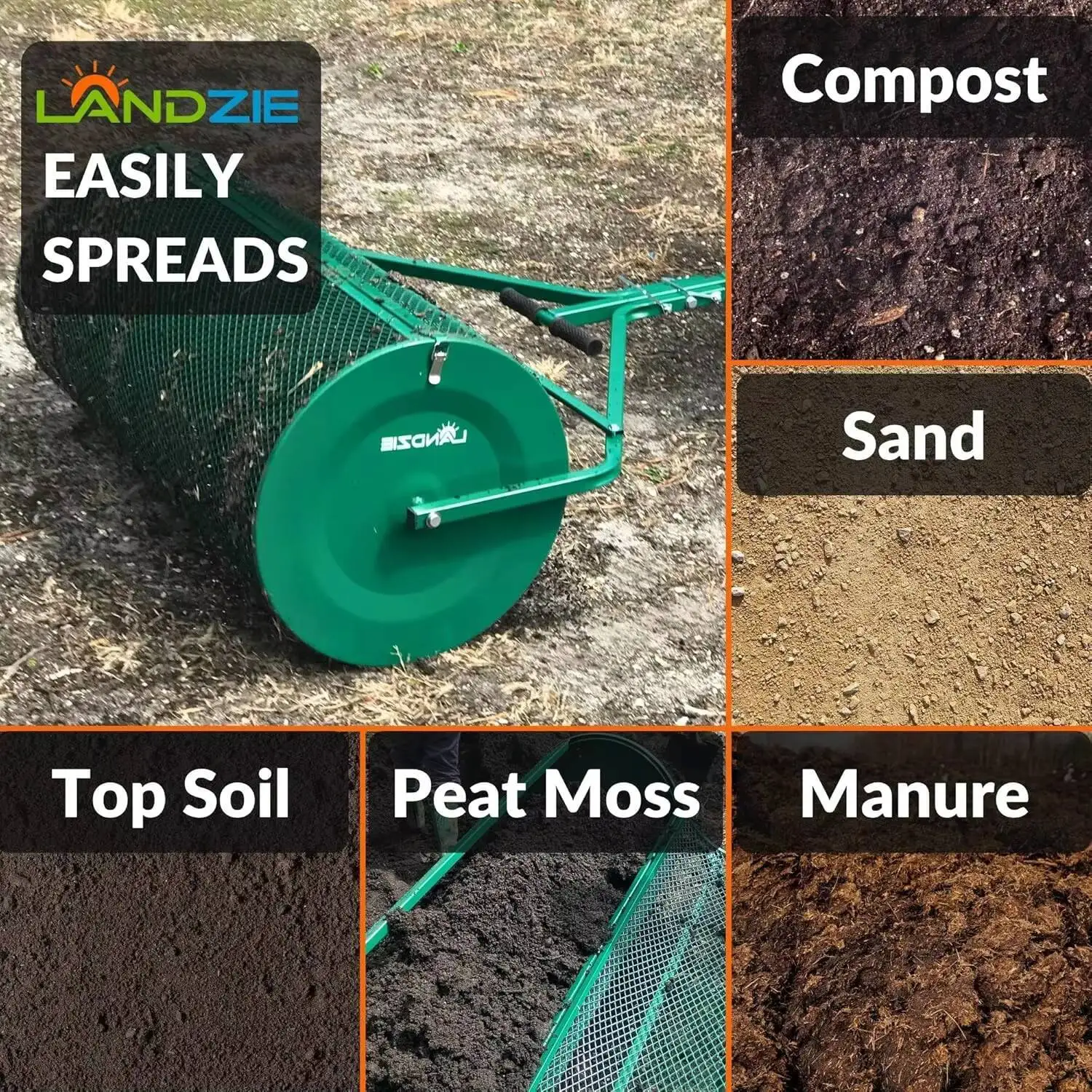 موزعات العشب والحديقة من LANDZIE - سلة شبكية معدنية شديدة التحمل مقاس 44 بوصة تعمل بالدفع/السحب - سماد، طحلب الخث، التربة العلوية، المهاد -