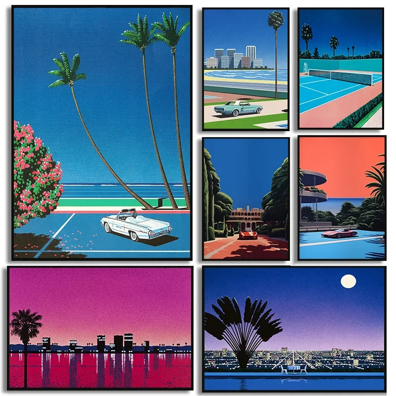 Retro Hiroshi Nagai Vaporwave Japanese Tropical Beach City Car Poster Wall Art Pictures Canvas Painting Nordic Room Home Deco