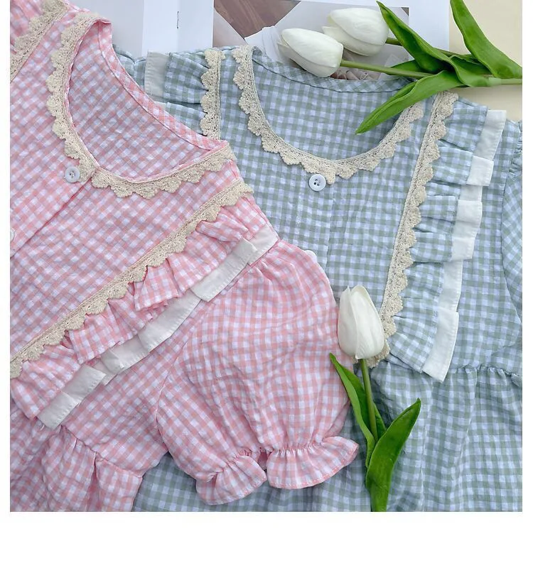 Children Pajamas Set Summer Korean Girls Cotton Plaid Short Sleeve Two Piece Suit Girls\' Homewear Clothes