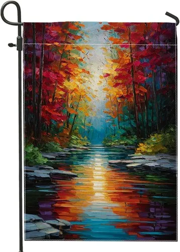 Autumn River Landscape Garden Flag, Colorful Fall Leaves Outdoor, 12x18 Inch RRI