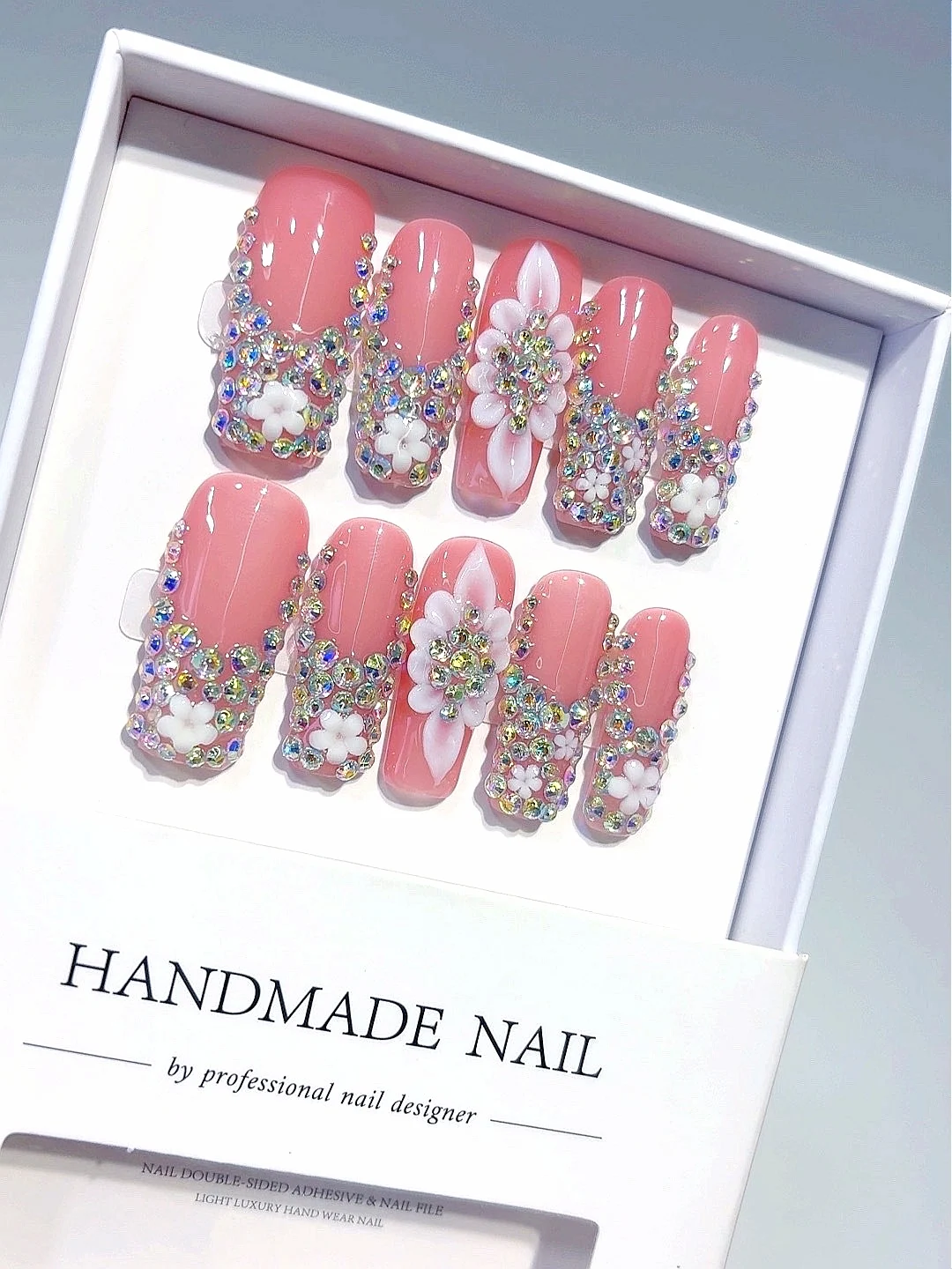 

Blush Pink French Tip Press-On Nails (Coffin Shape), 3D Floral & Ab Rhinestone Embellished False Nails Set (L296)