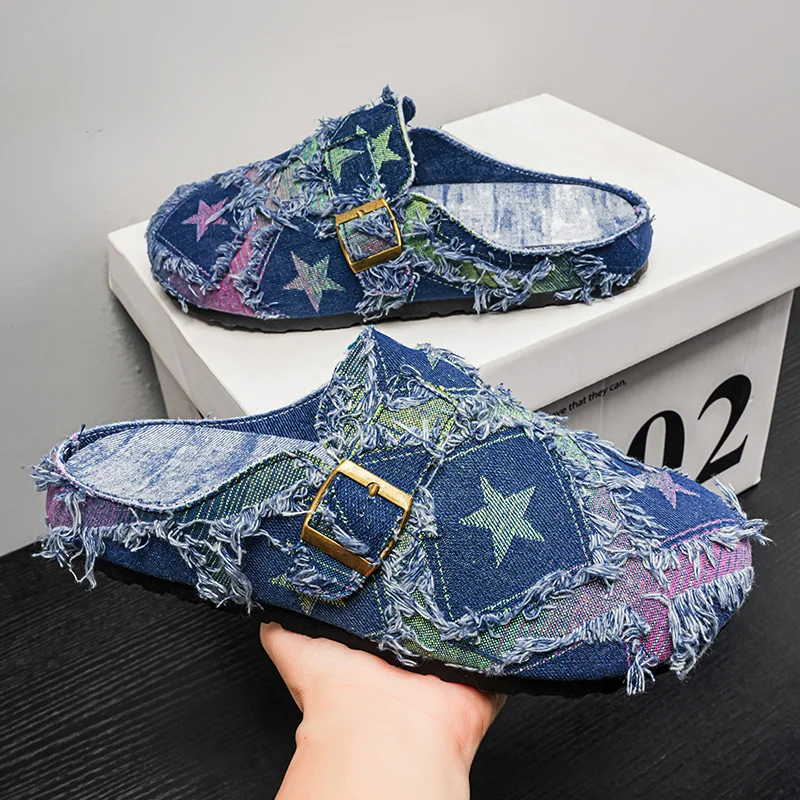 Designer Denim Men Casual Shoes Lightweight Slip on Half Slippers Summer Man Sandals Comfort Loafers Breathable Walking Footwear
