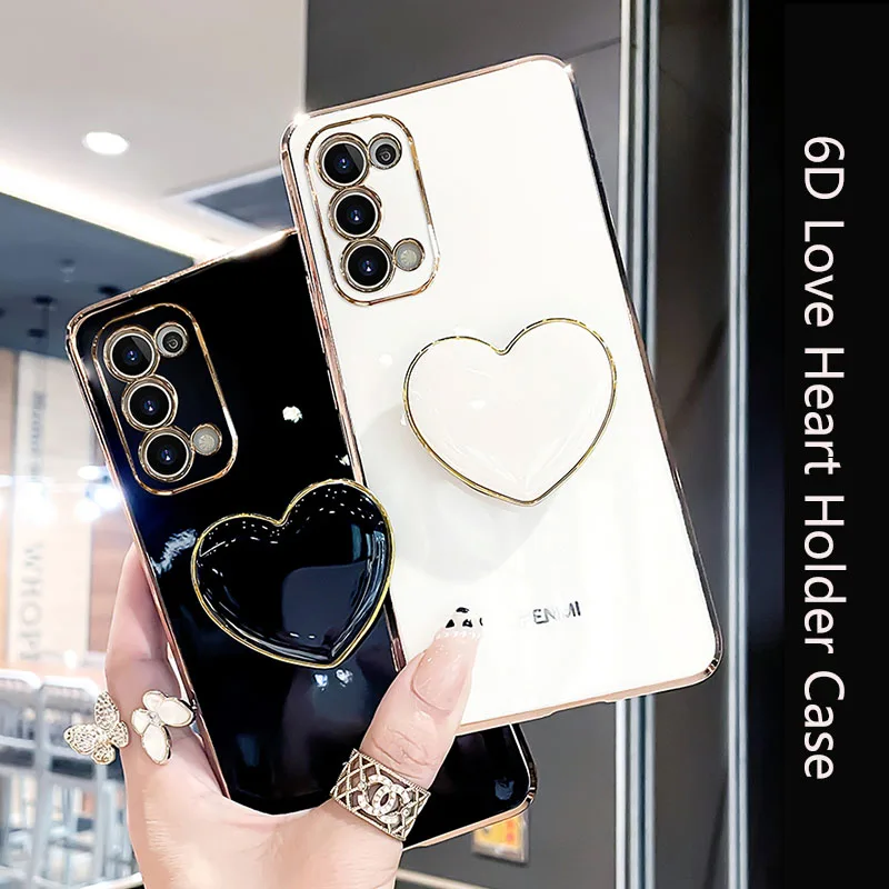 6D Love Heart Holder Case For Xiaomi Mi Poco X5 F5 X4 M5 M5S X3 Nfc M3 M4 Pro F3 GT C40 C55 Cute Plating Stand Soft Back Cover