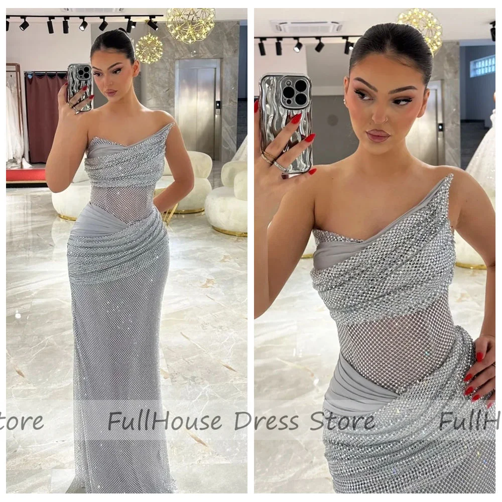 

Custom Made Glitter One Shoulder Beaded Sequins Sexy Mermaid Evening Gown Backless Pleated Maxi Length Backless Prom Dress