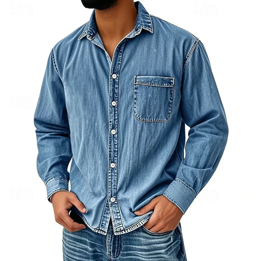 New High Quality Men's Long Sleeve Denim Shirt Vintage Work Style Slim Fit Casual Daily Summer Shirt Work Wear
