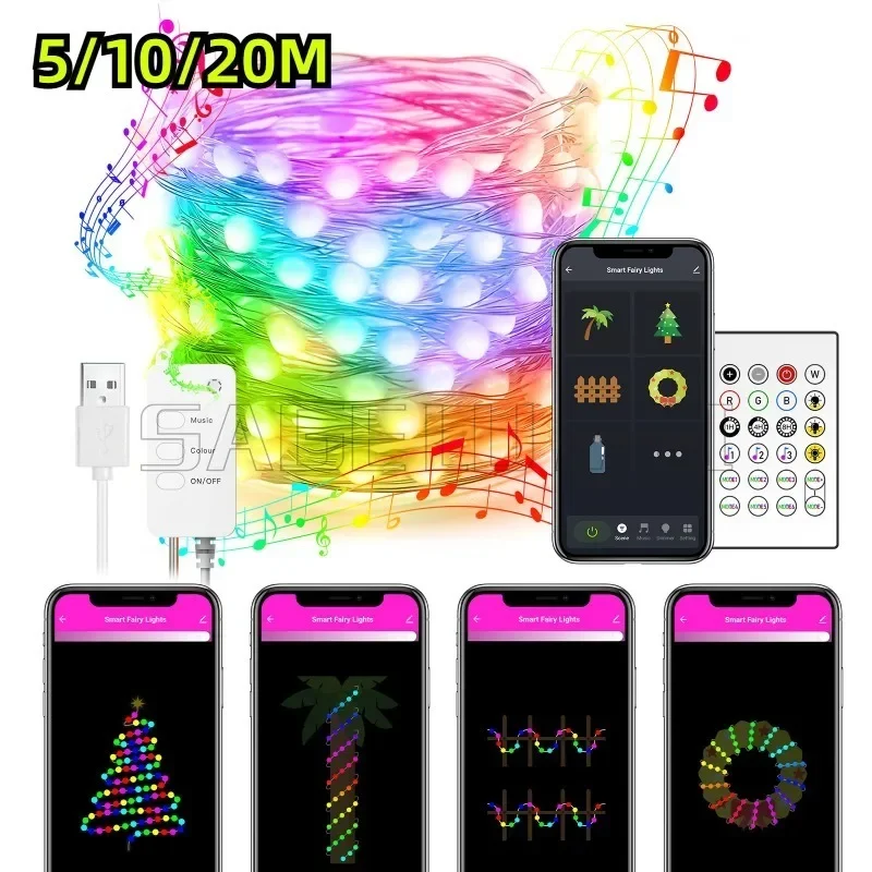 5/10M 66Leds USB RGB Smart APP Blue-tooth Led Fairy Lights Waterproof String Lights Decoration for Christmas Wedding Home Party