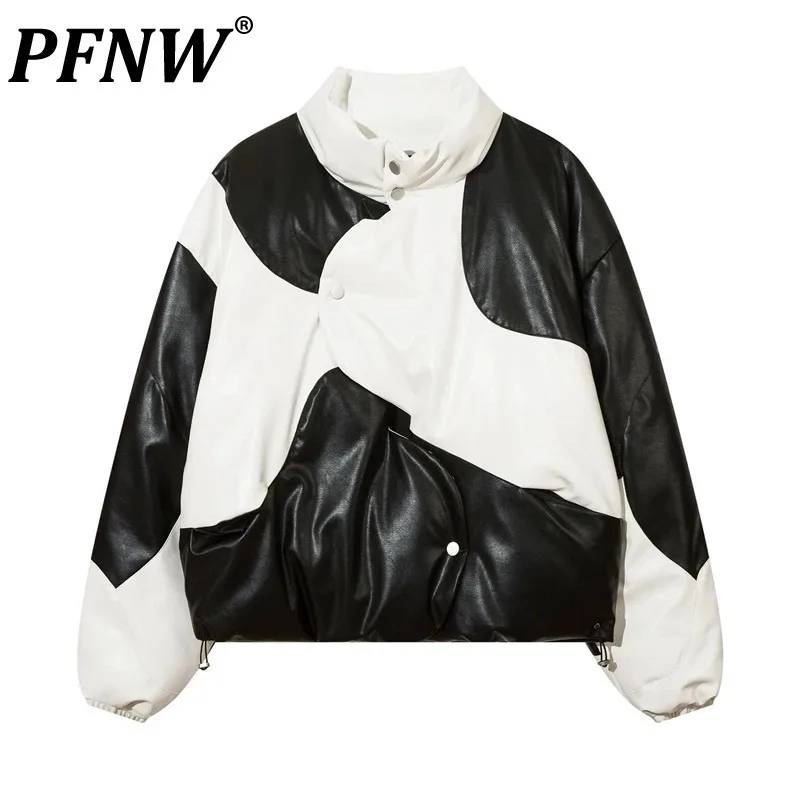 PFNW Black White Colorblock Spliced Causal PU Leather Cotton-padded Coat Men's Loose Stand Collar Quilted Padded Jackets 12C1946