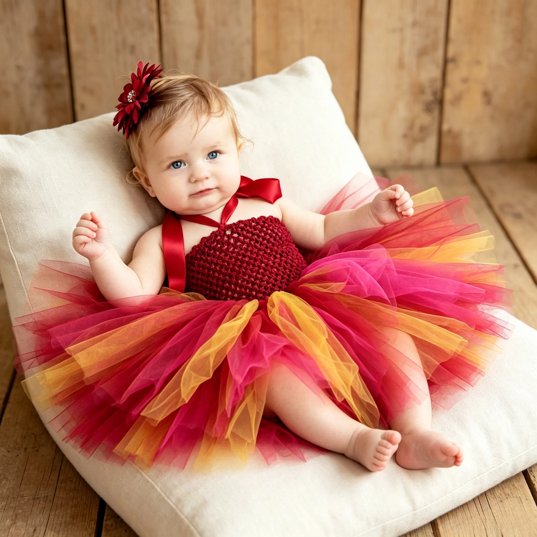 2026 Summer Tulle Tutu Gown With Red Flower Headwear Spring Layered Mesh Dress Fluffy Skirt Delicate Ruffled Formal Tutu Outfit