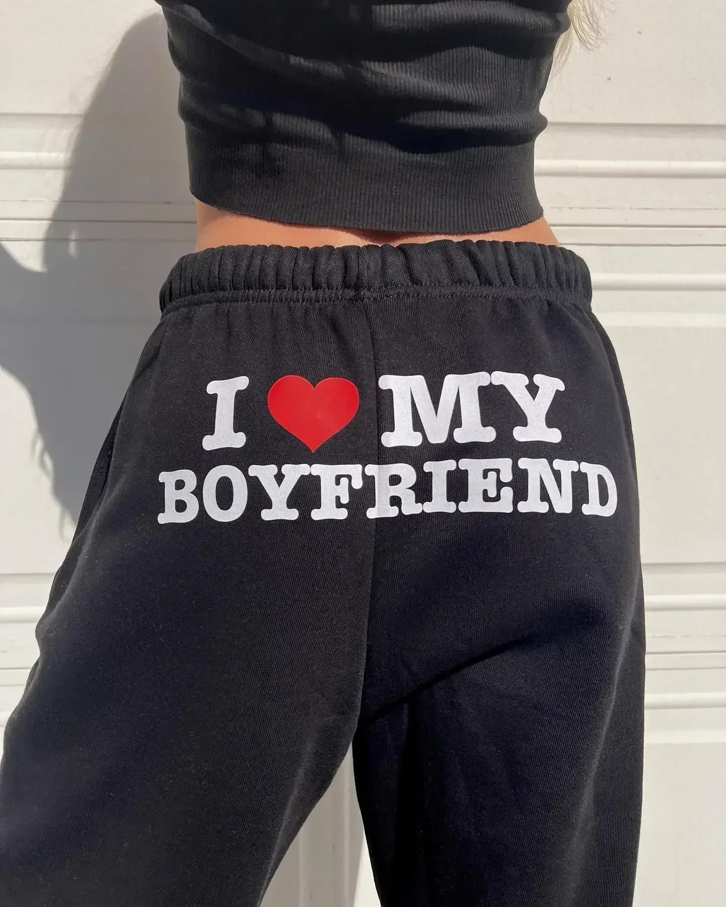 I Love My Boyfriend Printed Sweatpants Y2k High Elastic Waist Drawstring Baggy Trousers Vintage Casual Loose Straight Pants