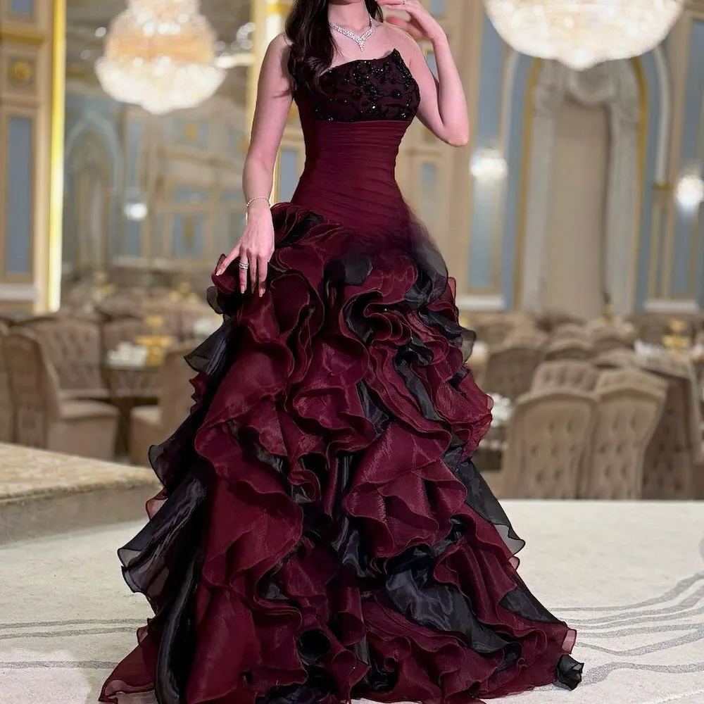 

Customized A-Line Evening Dresses Floor-Length Strapless Sleeveless Prom Gown Fashion Sequined Pleat Simple Draped Party Gown