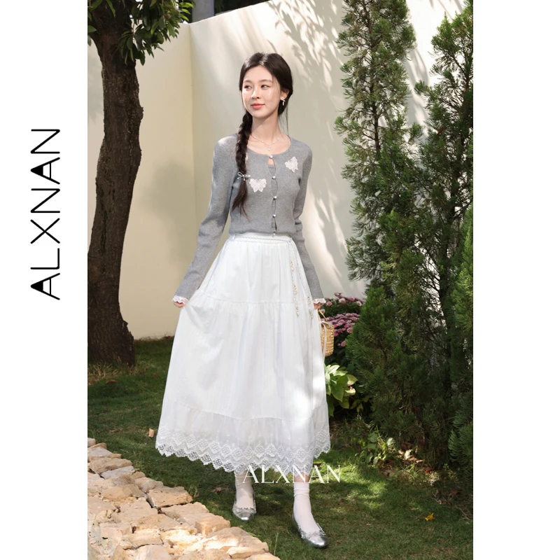 

Женская кружевная юбка миди ALXNAN, белая плиссированная элегантная пляжная юбка из тюля с рюшами, длинная женская юбка с поясом L61537