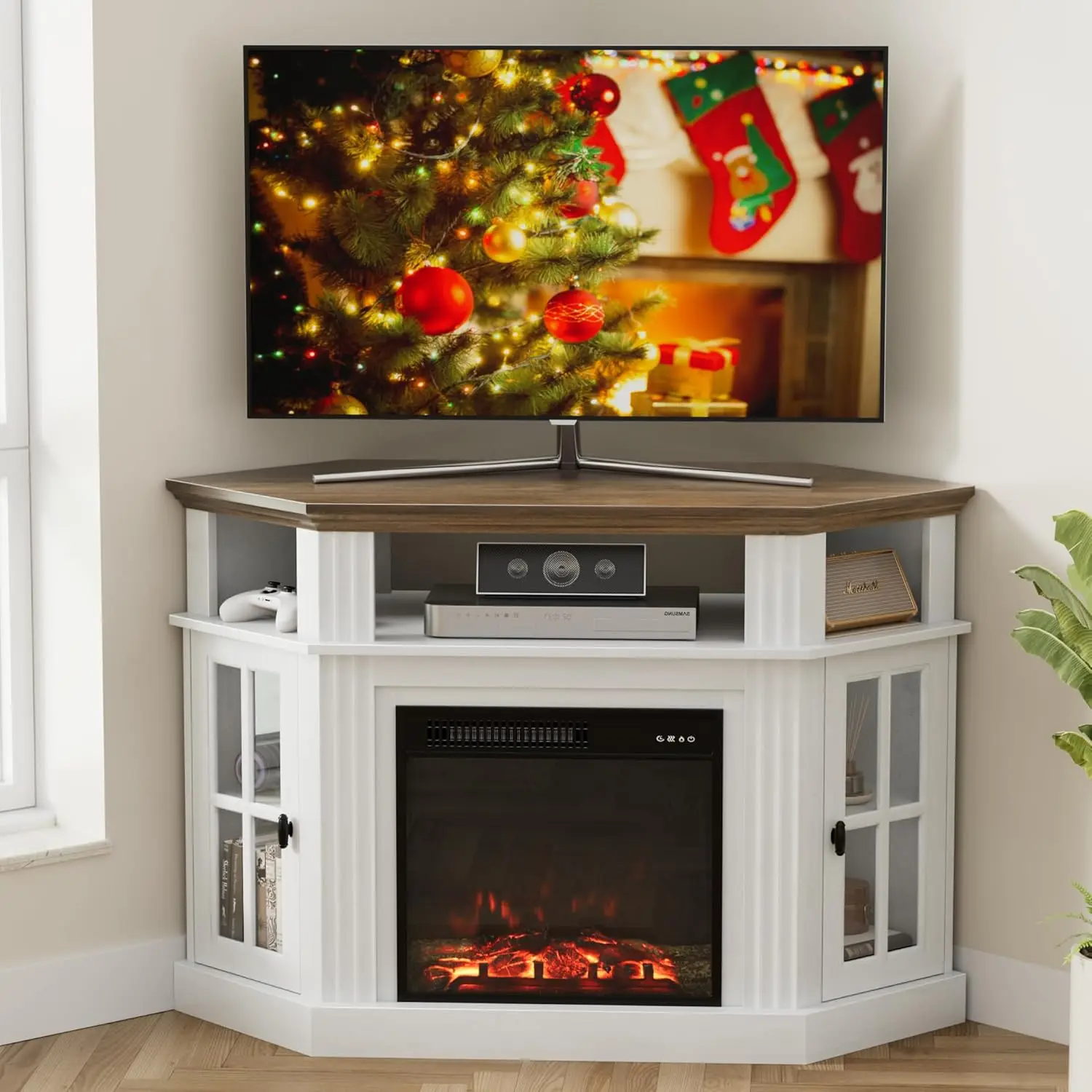 with 18 Inch Electric Fireplace, Entertainment Center with Open Shelf and Storage Cabinets for Living Room, Antique White