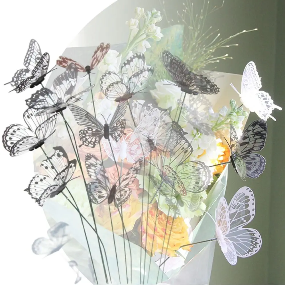 25PCS Black White Butterfly Garden Decorative Stakes Transparent Wings 8cm Butterfly Simulation Butterfly with Rods Accessories