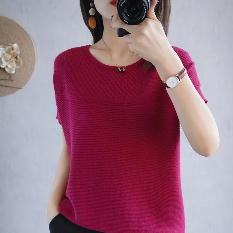 100% cotton T-shirt Women's round neck pullover casual knitting loose short sleeve 2023 summer new hollow fashion top T-shirt