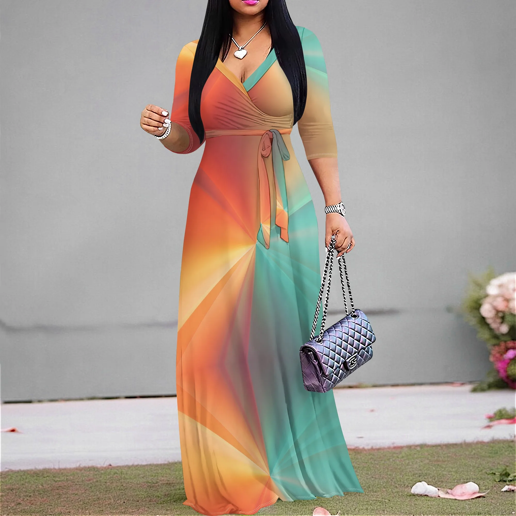 

Women’s Gradient Print Maxi Dress XS-3XL V Neck Belted Flowy Long Dress Summer 2025 Vacation Beach Party Outfit
