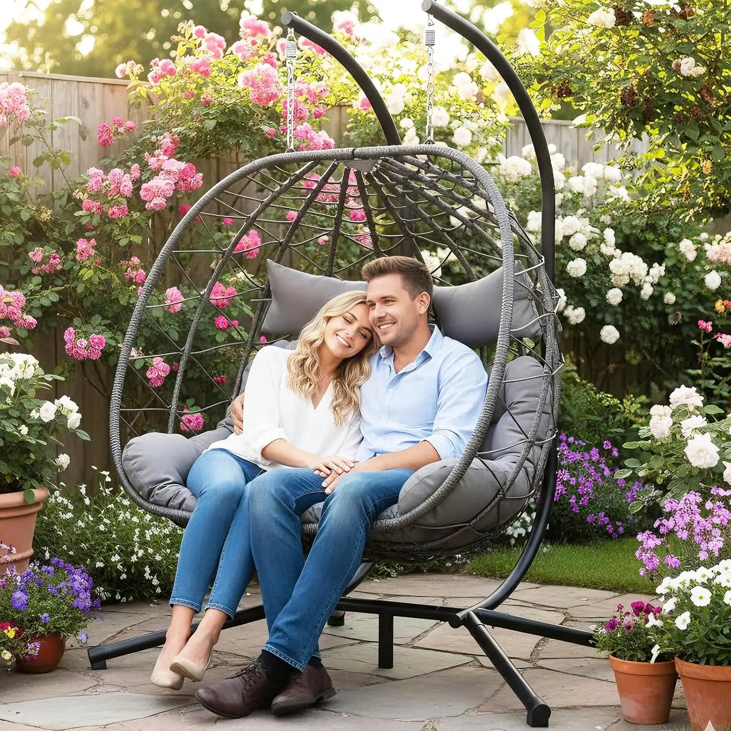 Double Egg Chair with Stand, Indoor Outdoor Loveseat Hammock Swing Chair,Wicker Chair with Foldable Basket & Thick, Customized