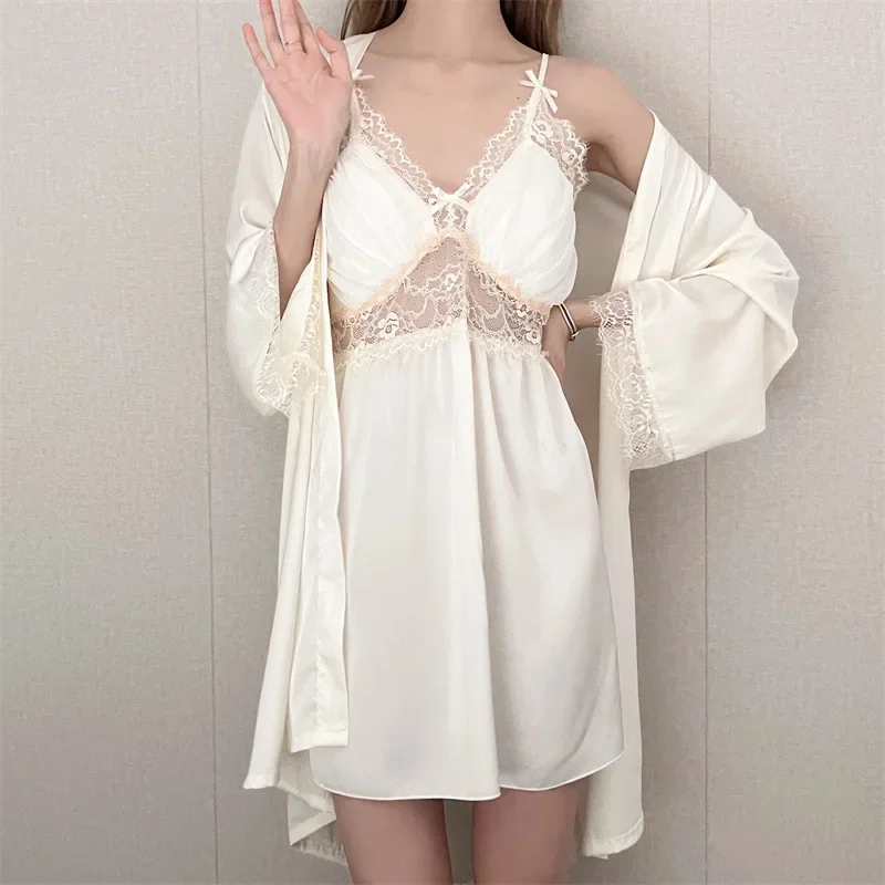 

2PCS Robe Gown Suit Loungewear Women Satin Lace Kimono Bathrobe Nightdress Sleep Set Summer Sleepwear Home Wear Lingerie