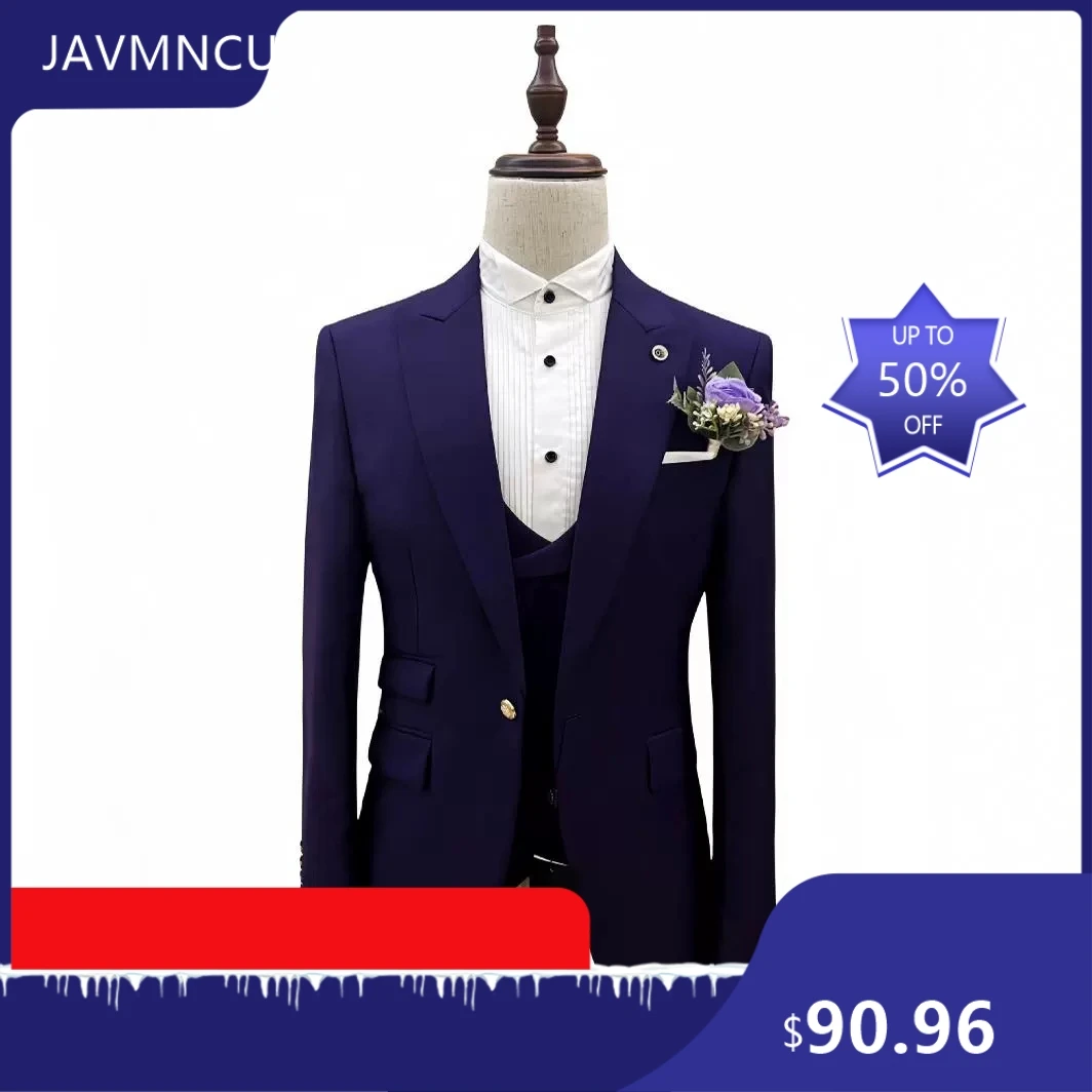 Men Suit 3-Piece Set, Business Formal, Wedding Party, Flat Lapel, Solid Color, Four Seasons, Trendy Cross-Border