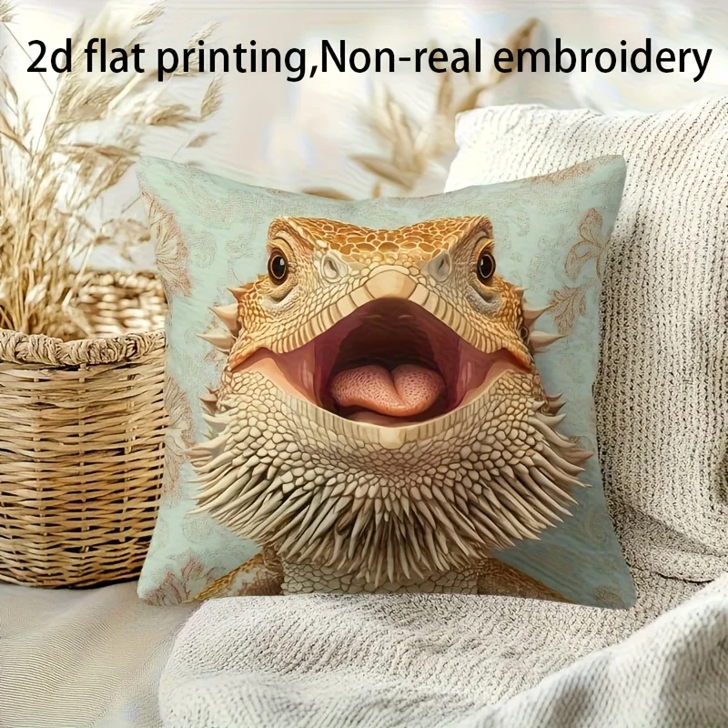 Double Sided Realistic Lizard Face Pattern Decorative Throw Pillow Case Animal Photography Zip Cushion Cover for Sofa Home