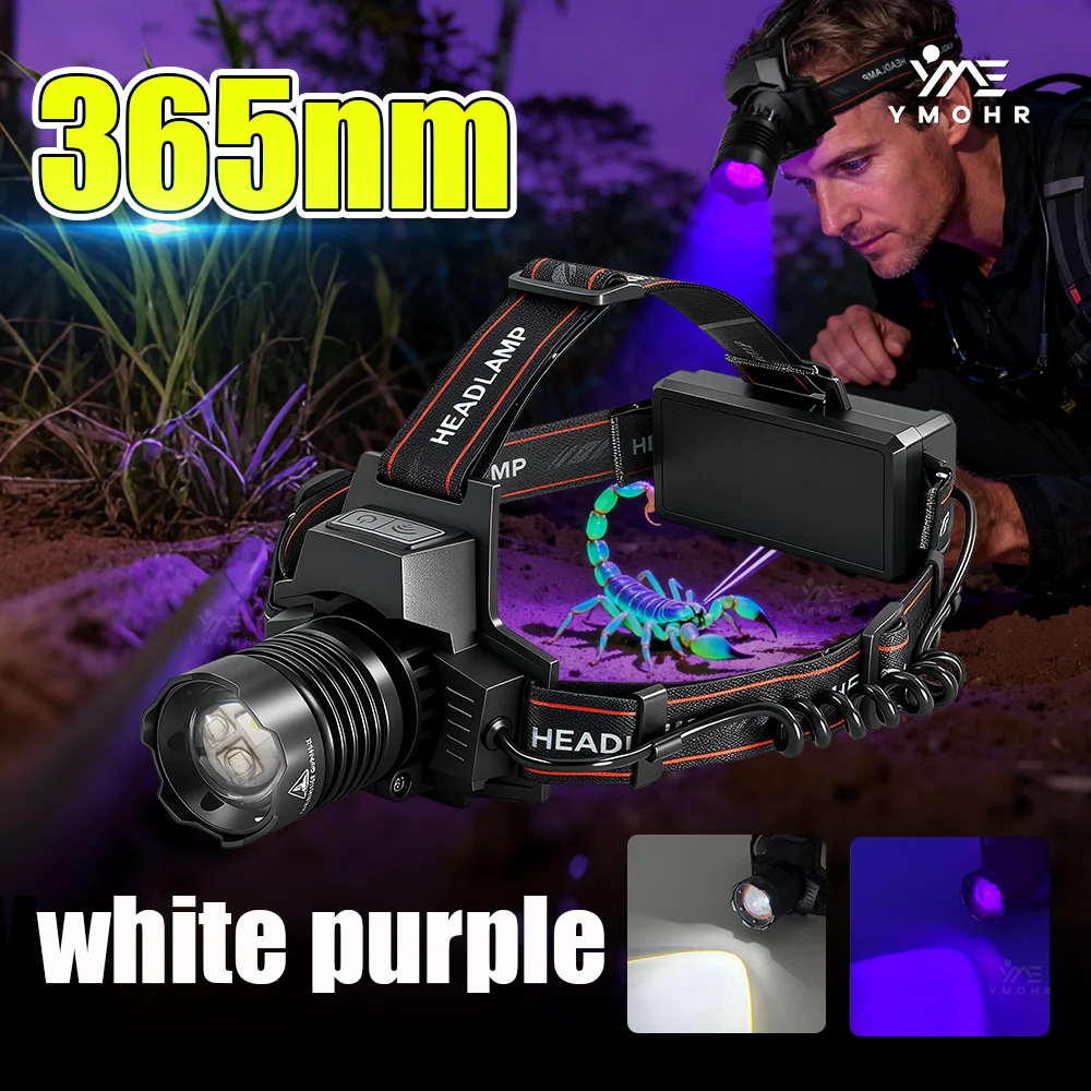 Linterna frontal UV de 365NM, linterna frontal recargable por USB 18650, Banco de energía, detección de fugas de luz púrpura, reparación de búsqueda de escorpión